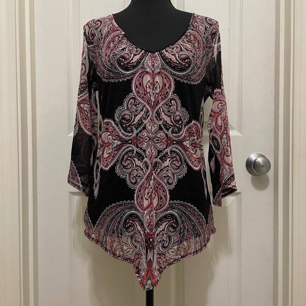 INC International‎ Concepts Paisley Cold Shoulder Blouse Top Black Red Small